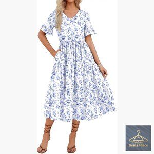 Midi Tiered Floral Dress with Pockets V-Neck Ruffle Sleeves Summer Casual